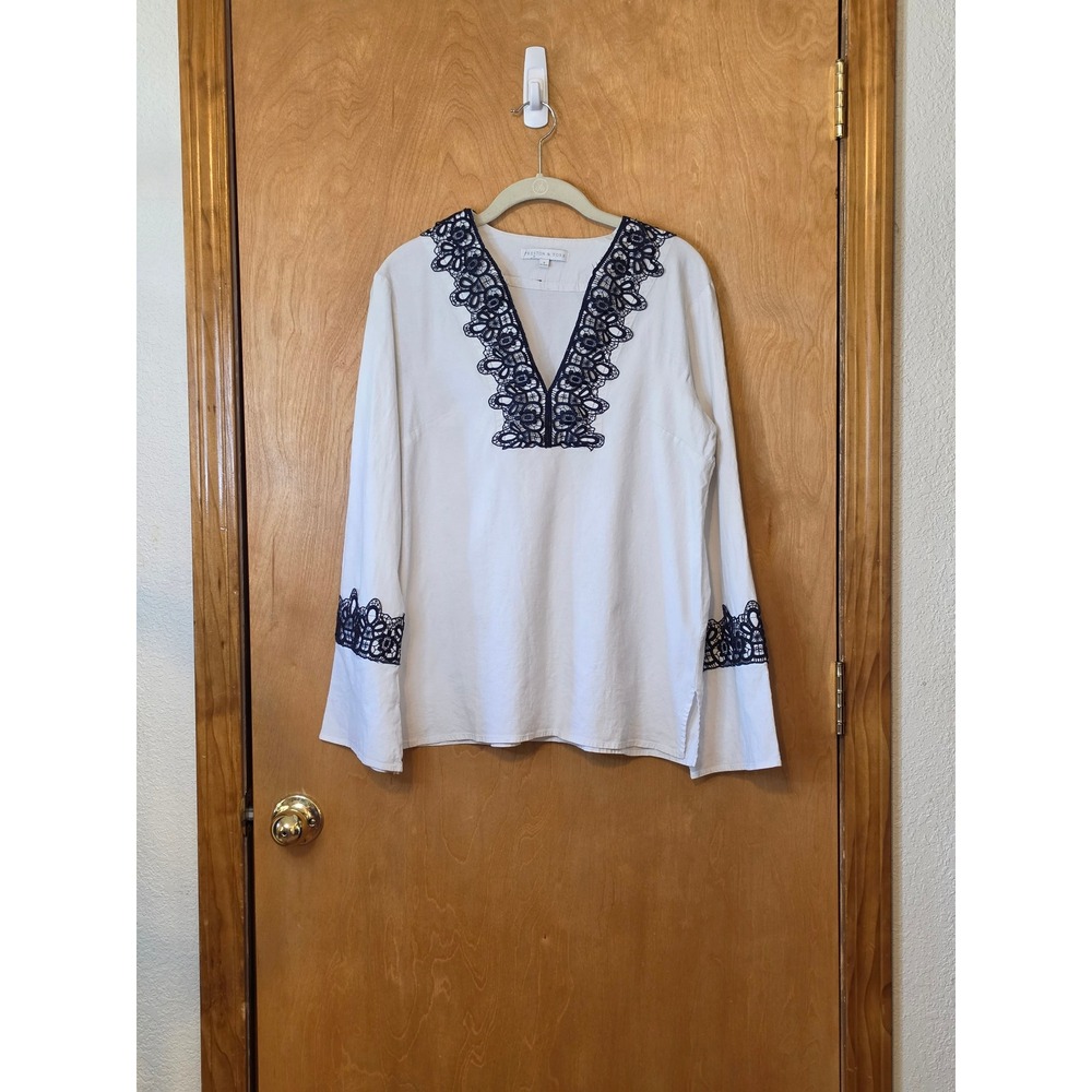 Preston & York White Linen Blend Peasant Blouse Navy Crochet Lace Size 8
